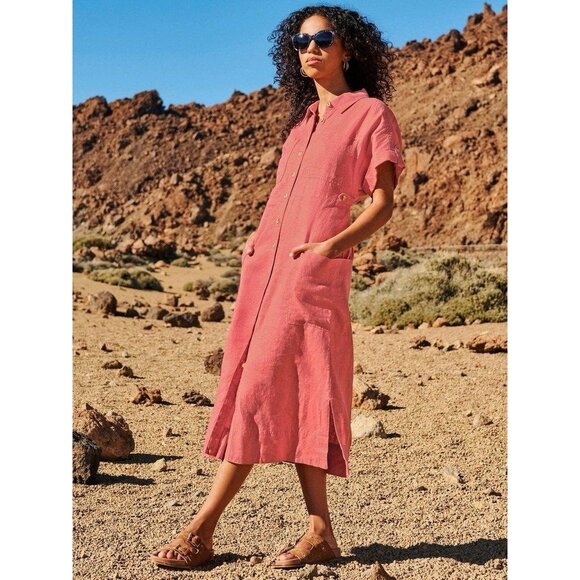 NWT White Stuff Reno Linen Midi Shirt Dress Womens 12 Pink Coastal Beach Boho - Picture 13 of 13